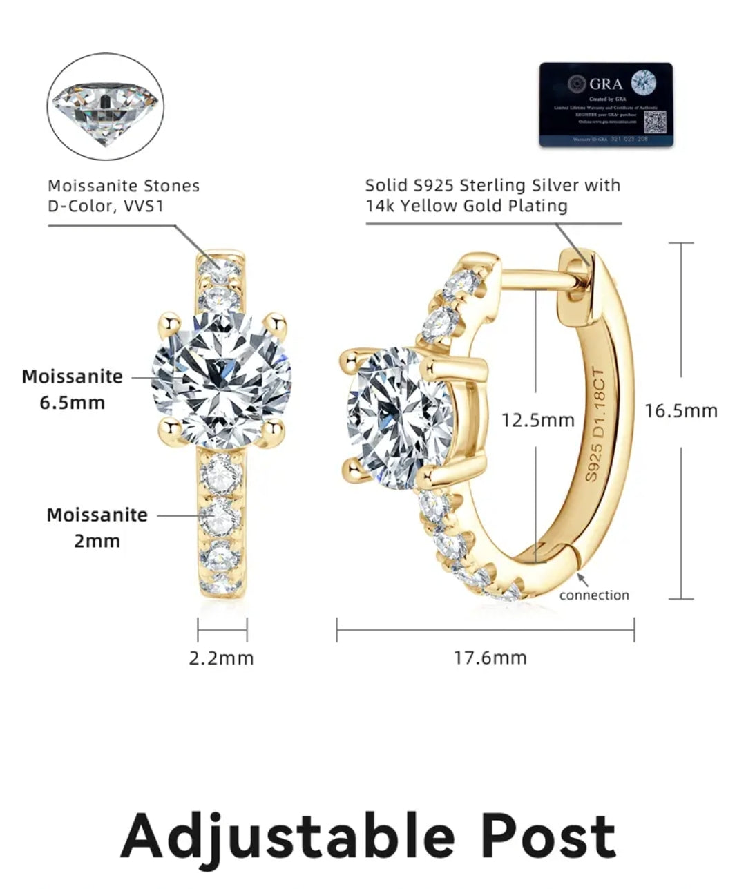 Earrings, real 6.5mm 1ct 2pcs and 2mm small moissanite stones, earrings pair, 925 sterling silver