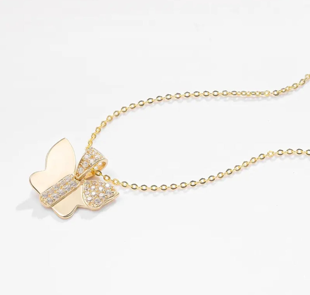 14k solid gold butterfly necklace with 1.3mm zircons