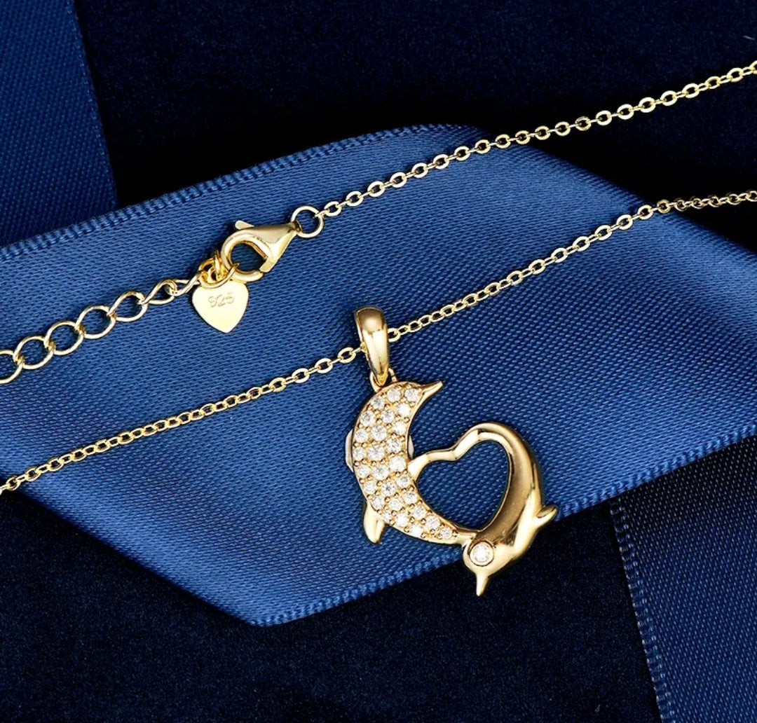 14k solid gold double dolphin necklace