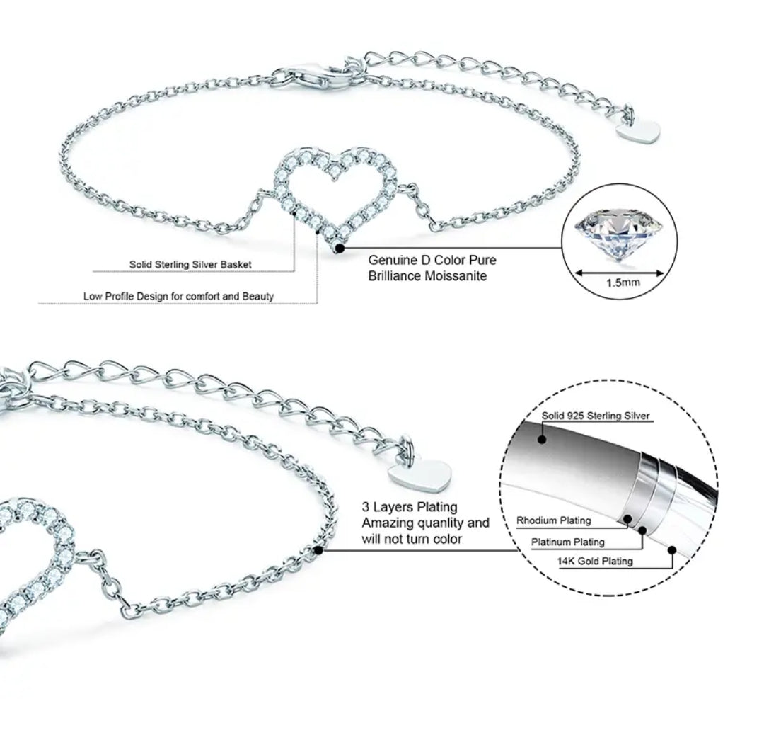 Heart shape moissanite silver bracelet