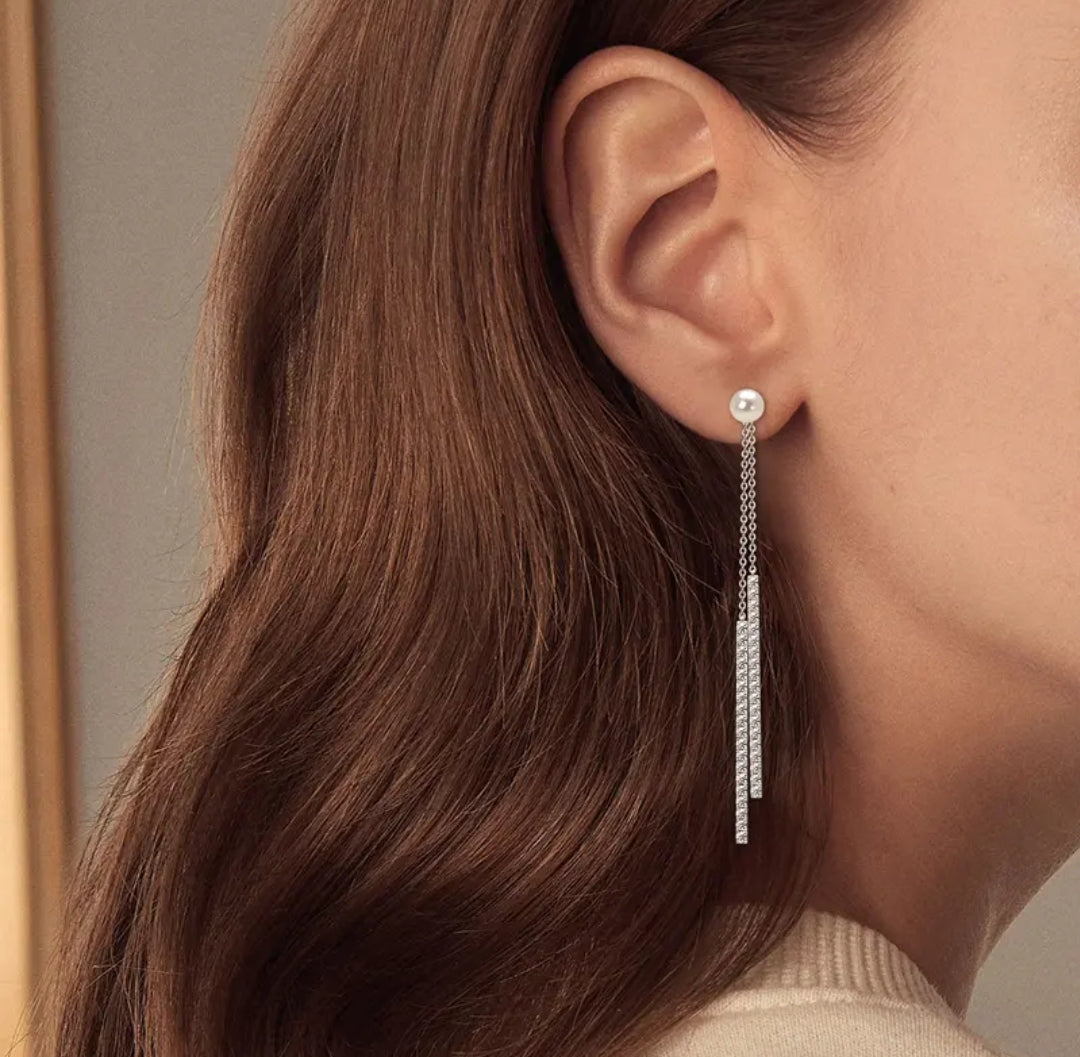 Double chain pearl drop earrings