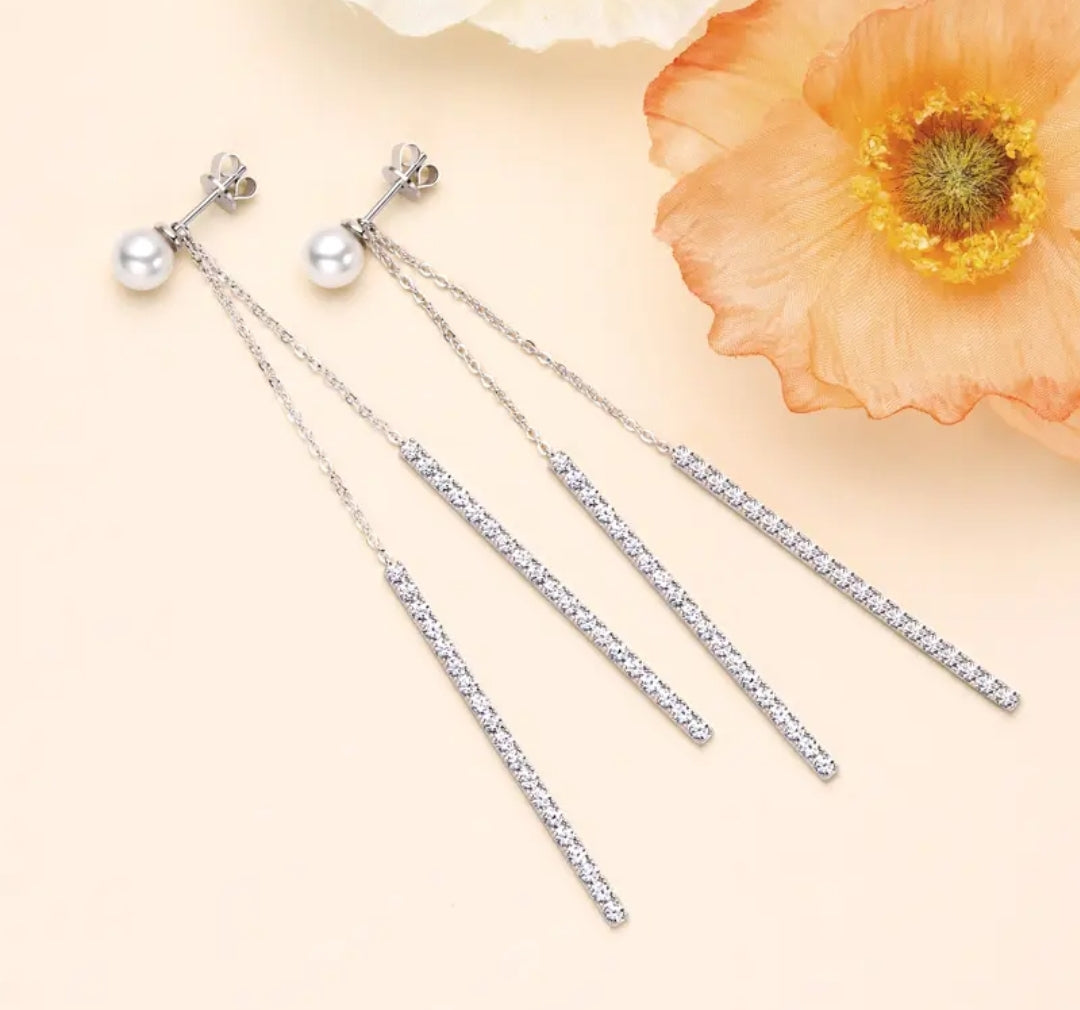 Double chain pearl drop earrings