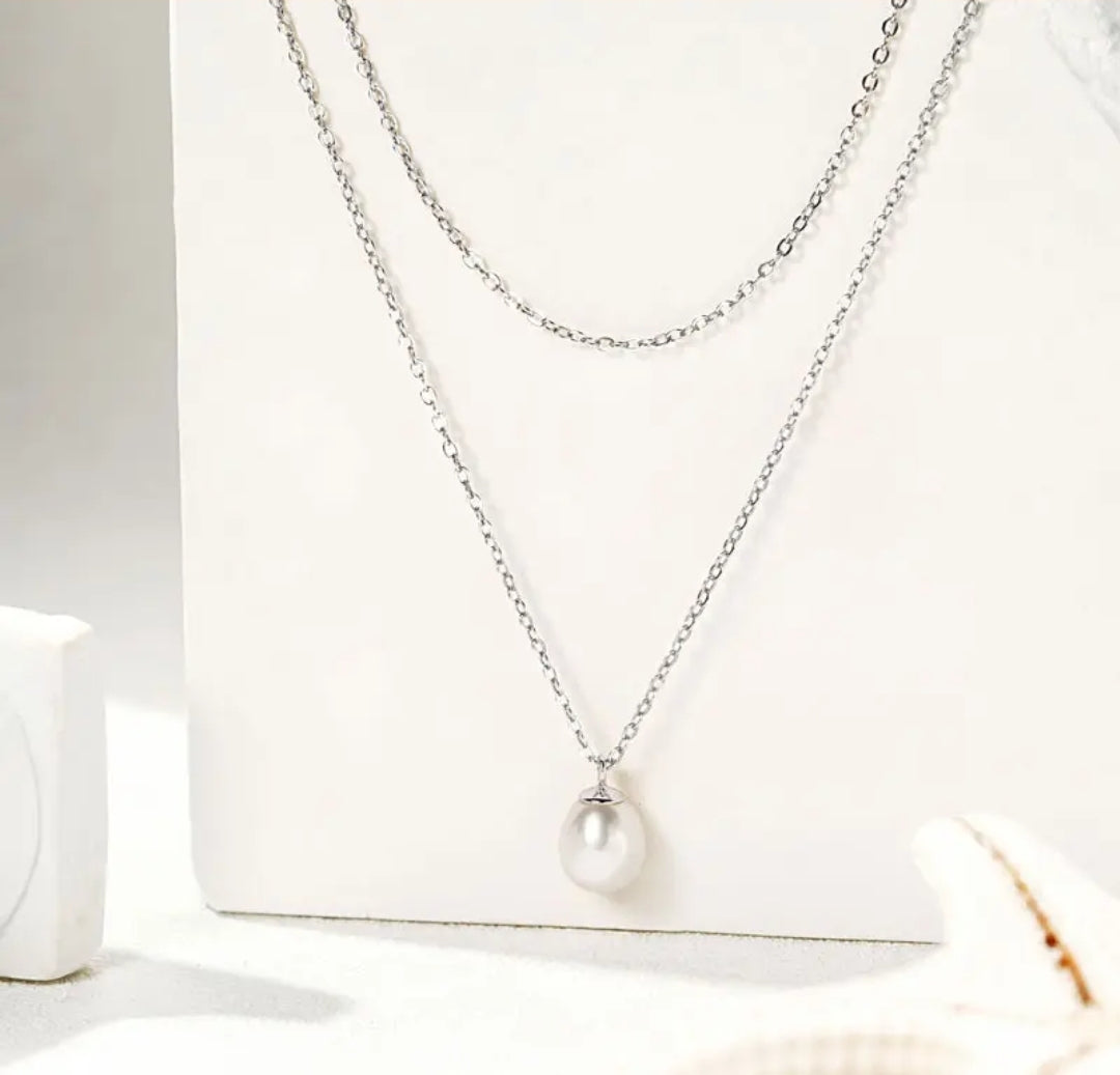 7-8mm double chain pearl pendant necklace