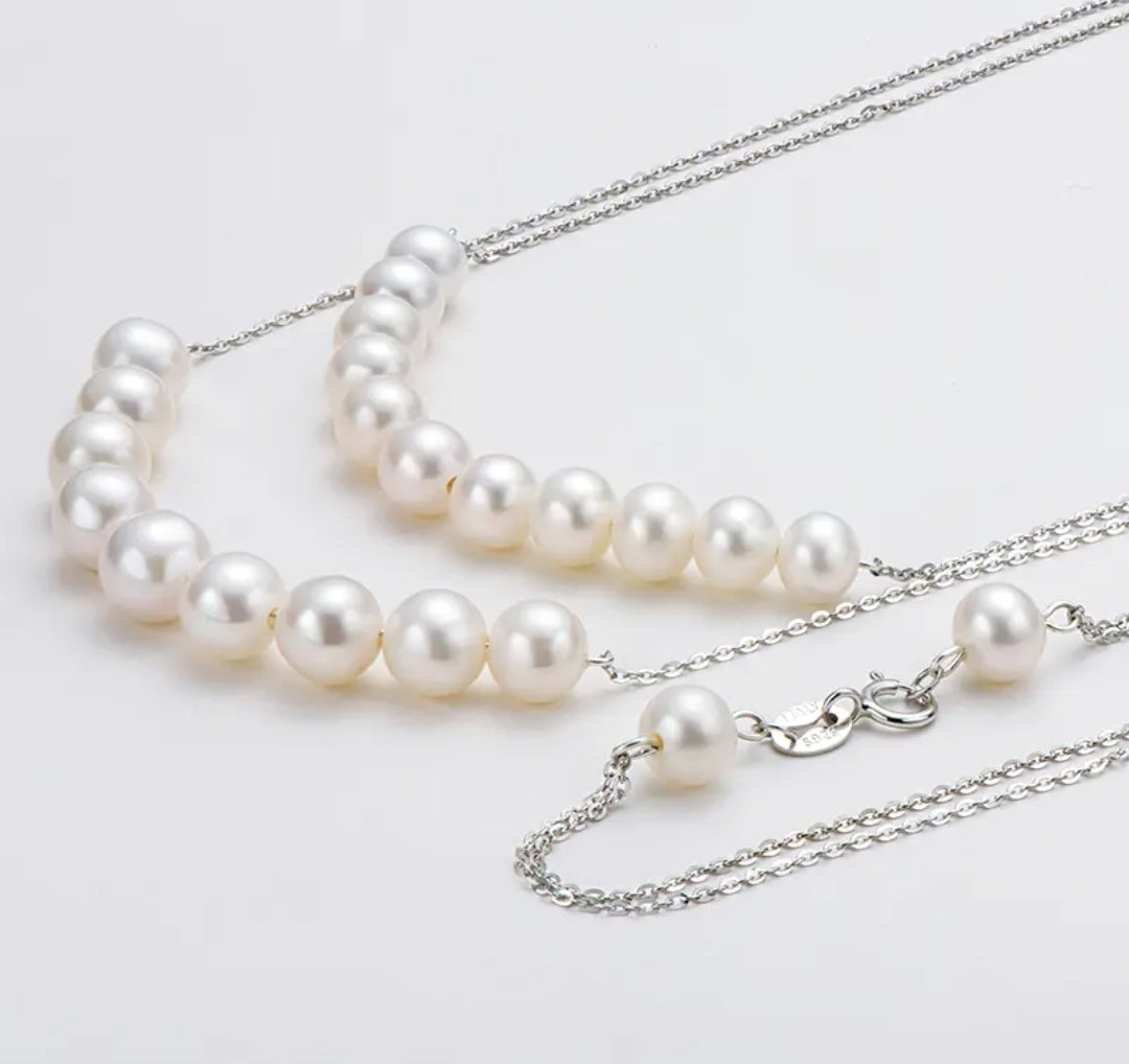 6-8mm double chain natural pearl pendant necklace