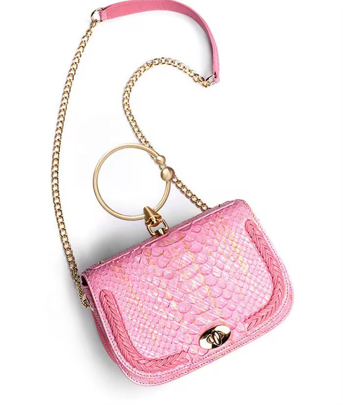 Pink Snake Leather Handbag with Golden Hardware | Noiyan