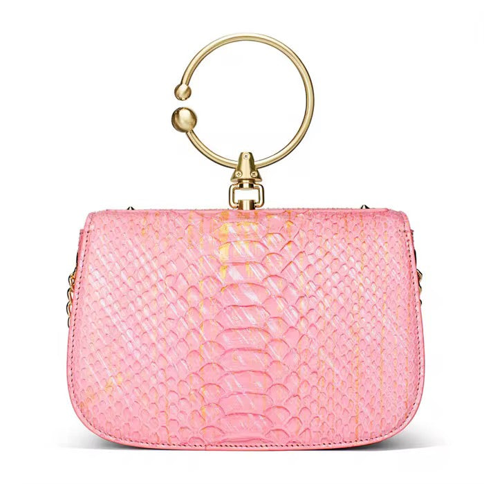 Pink Snake Leather Handbag with Golden Hardware | Noiyan