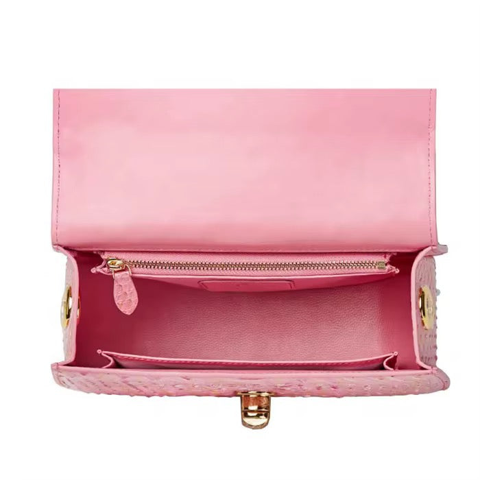 Pink Snake Leather Handbag with Golden Hardware | Noiyan