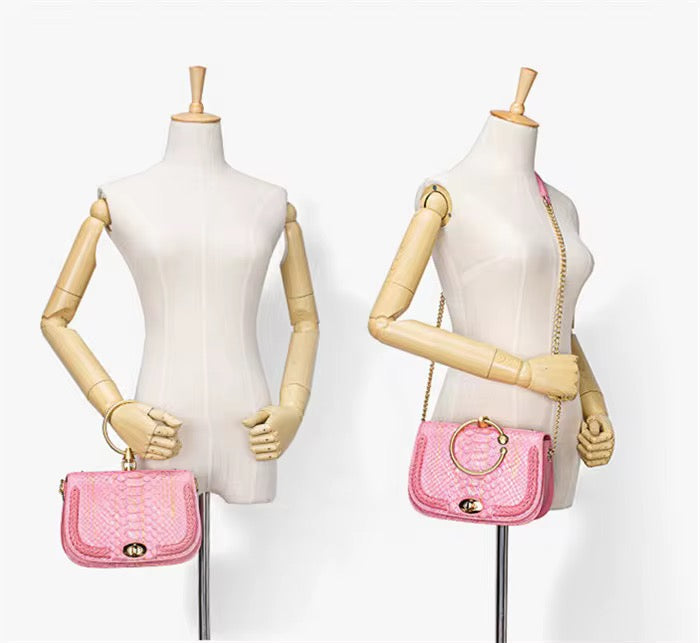 Pink Snake Leather Handbag with Golden Hardware | Noiyan