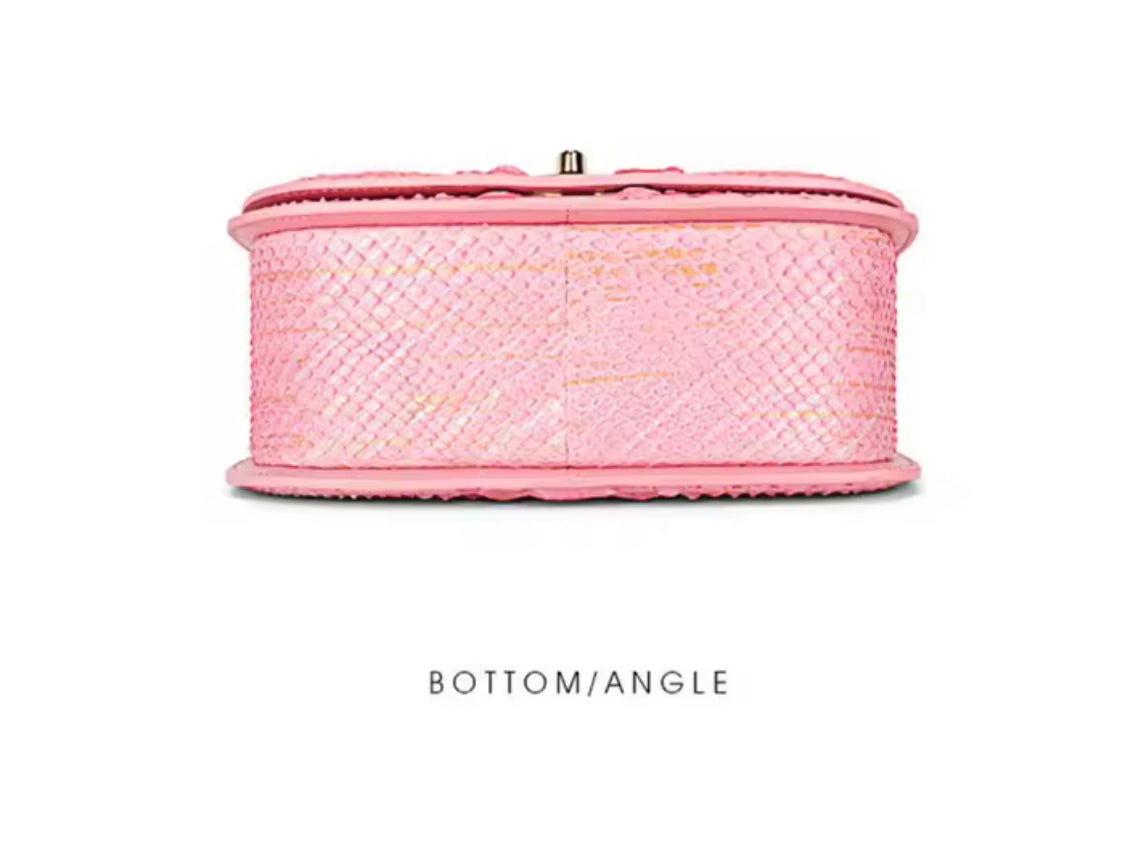 Pink Snake Leather Handbag with Golden Hardware | Noiyan