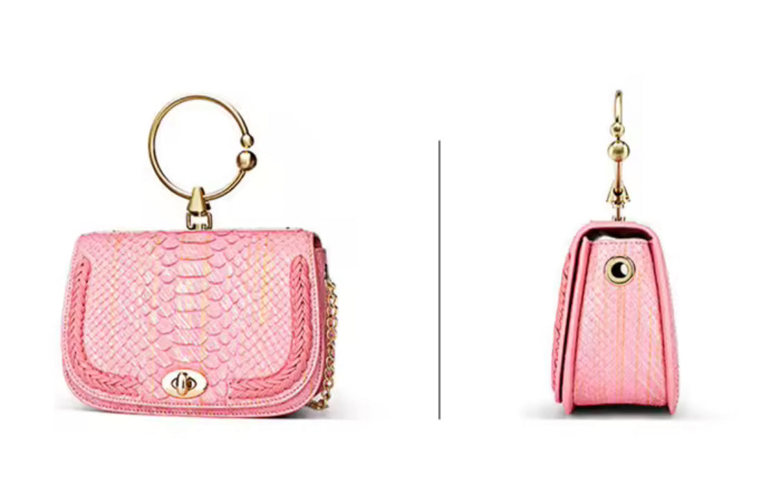 Pink Snake Leather Handbag with Golden Hardware | Noiyan
