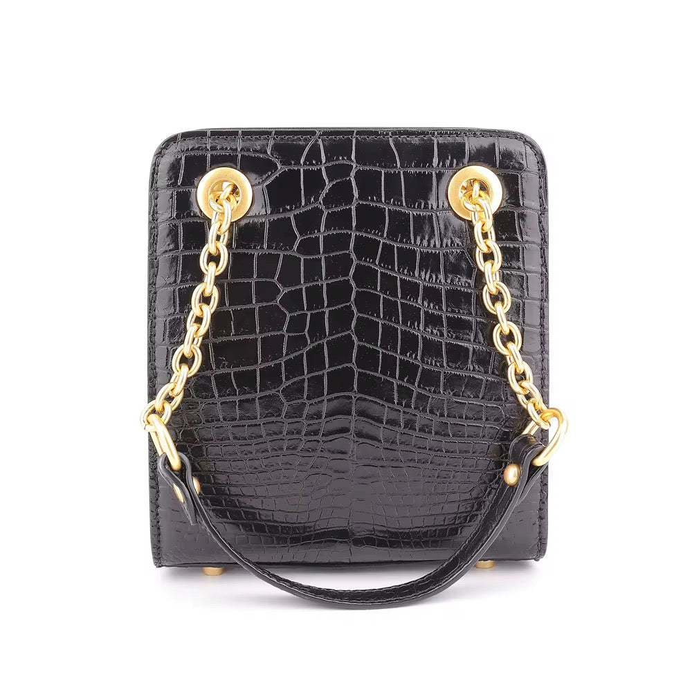 Black Crocodile Leather Purse with Golden Chain – Handmade in Italy | Noiyan