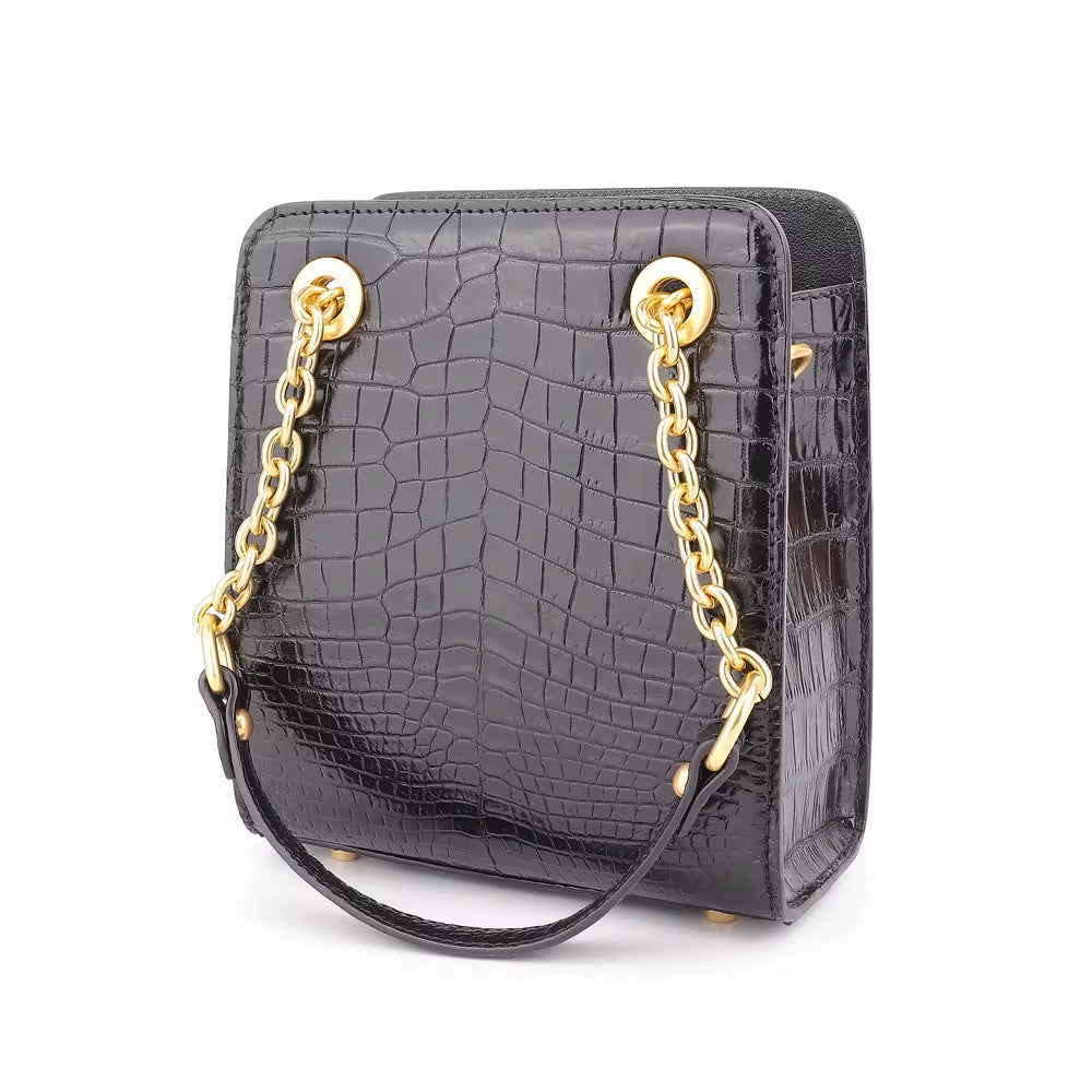 Black Crocodile Leather Purse with Golden Chain – Handmade in Italy | Noiyan