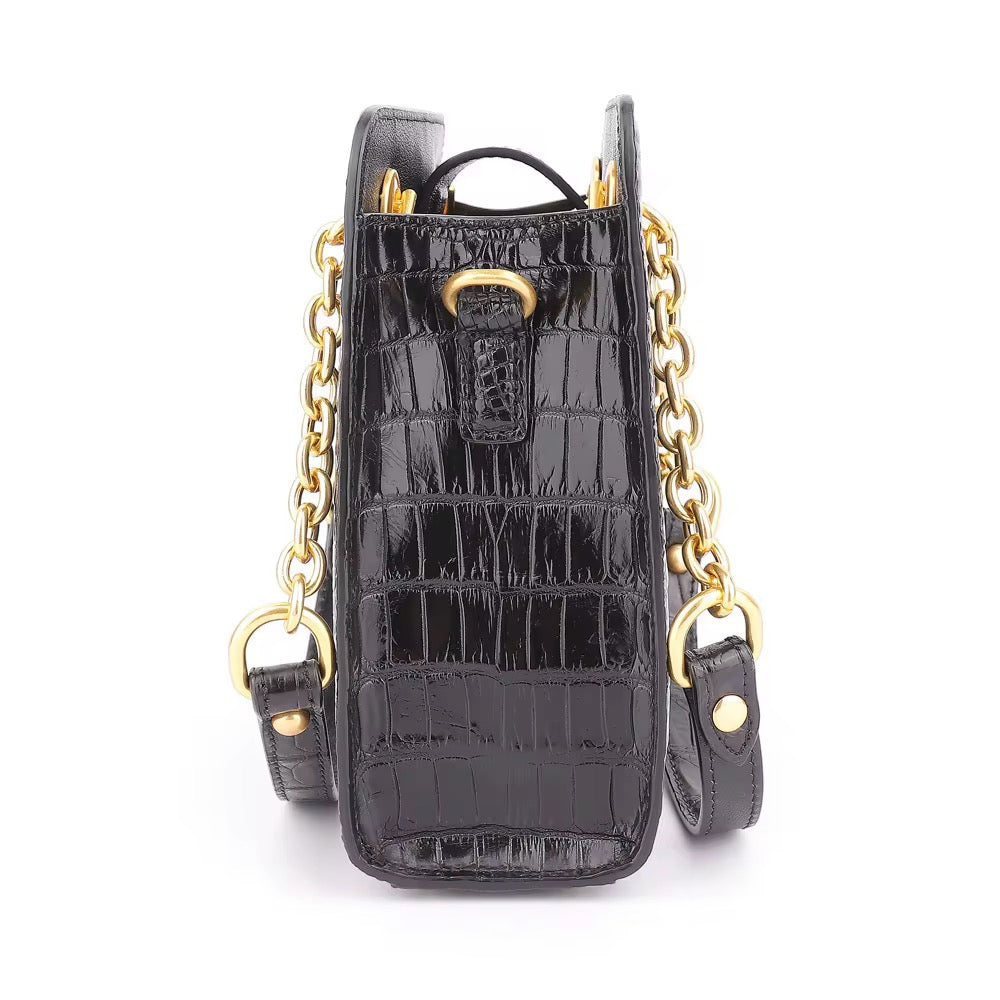 Black Crocodile Leather Purse with Golden Chain – Handmade in Italy | Noiyan