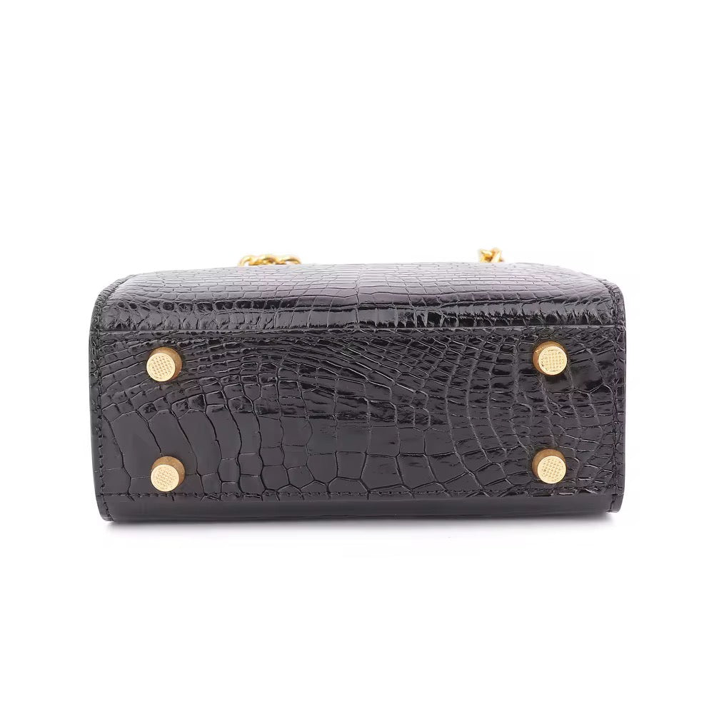 Black Crocodile Leather Purse with Golden Chain – Handmade in Italy | Noiyan