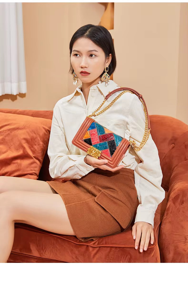 Multicolor Crocodile Leather Purse with Golden Chain | Noiyan