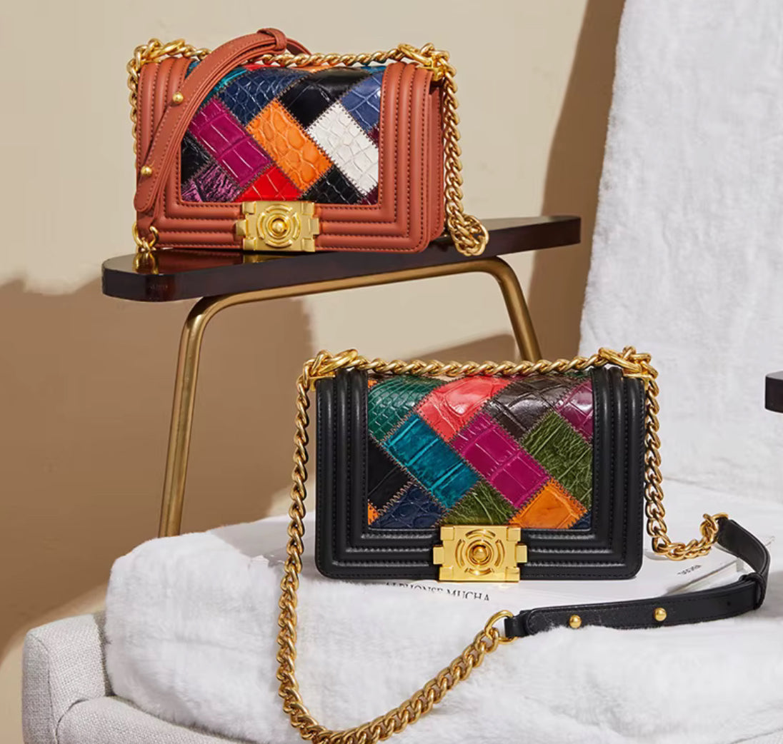 Multicolor Crocodile Leather Purse with Golden Chain | Noiyan