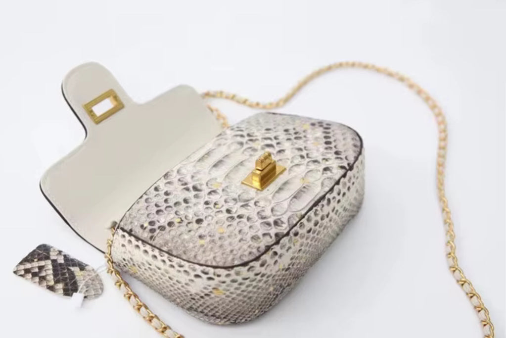 Snake Leather Purse with Golden Chain – Handmade in Italy | Noiyan