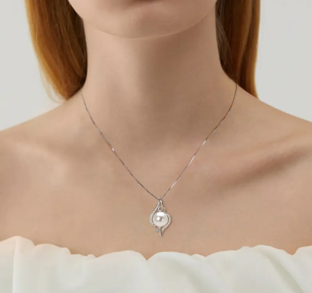 12mm pearl and 1mm multimoissanite pendant necklace