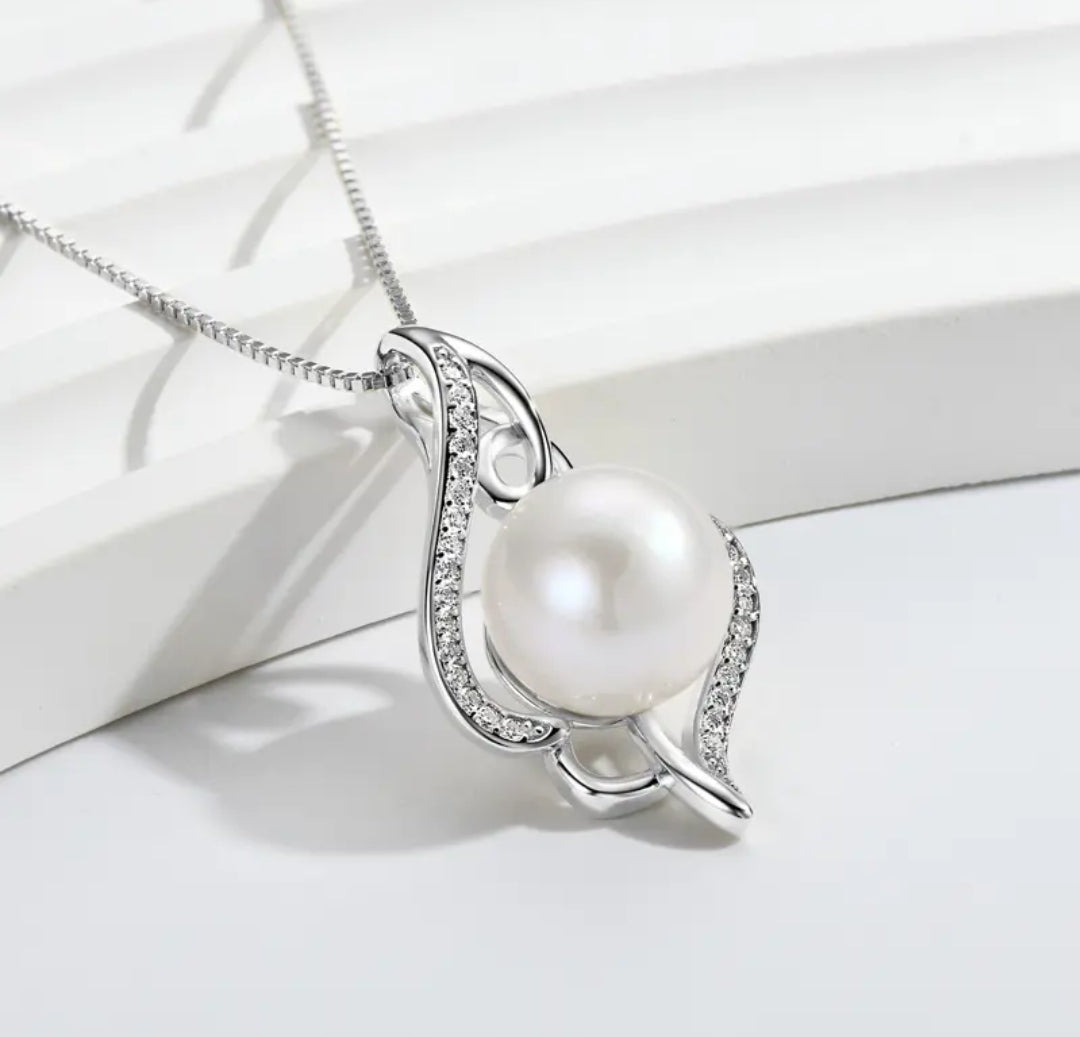 12mm pearl and 1mm multimoissanite pendant necklace
