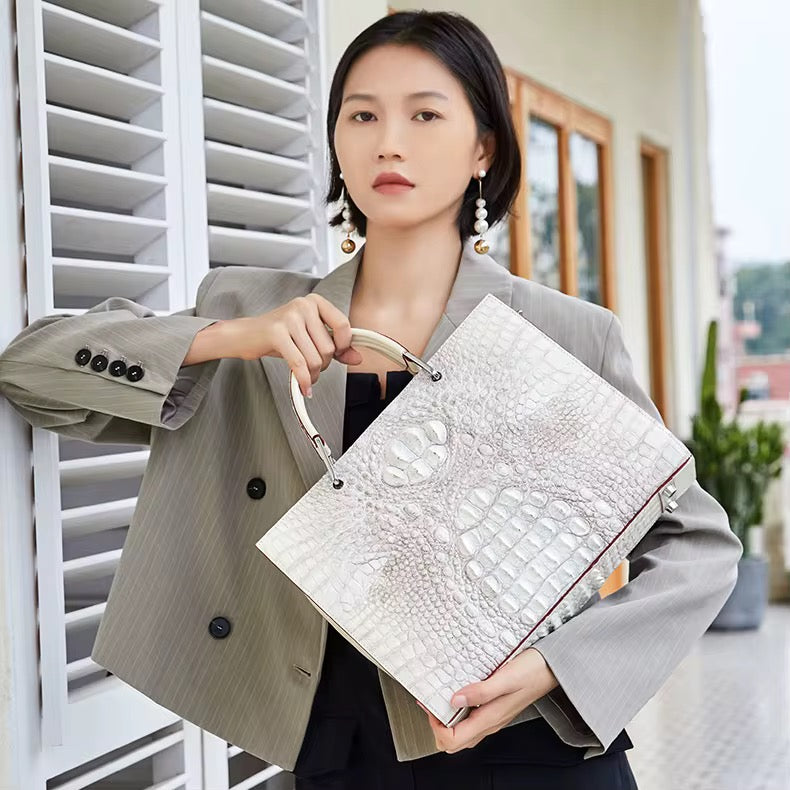 White Crocodile Leather Bag for Women | Handmade in Italy
