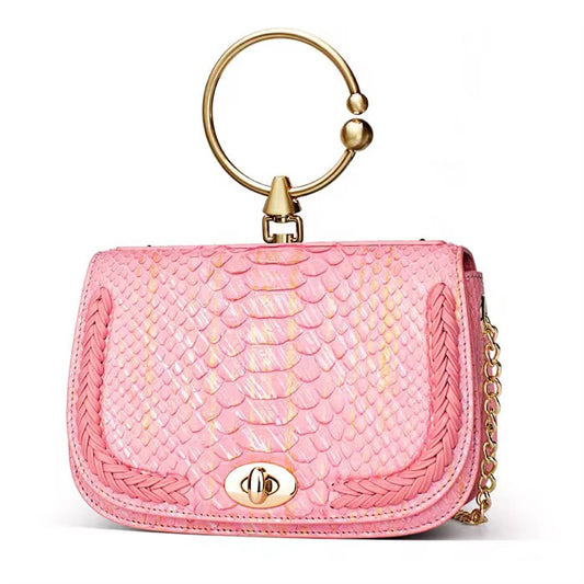 Pink Snake Leather Handbag with Golden Hardware | Noiyan