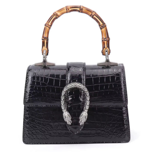 Black Crocodile Leather Bag for Women | Handmade in Italy – L24×H15.5×W9cm
