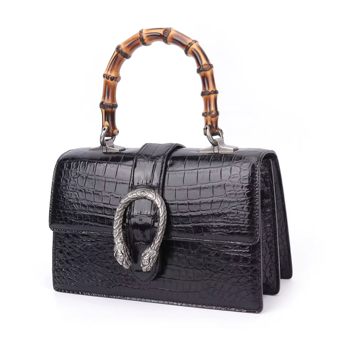 Black Crocodile Leather Bag for Women | Handmade in Italy – L24×H15.5×W9cm