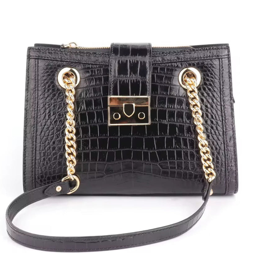 Black Crocodile Leather Shoulder Bag – Handmade in Italy | Noiyan