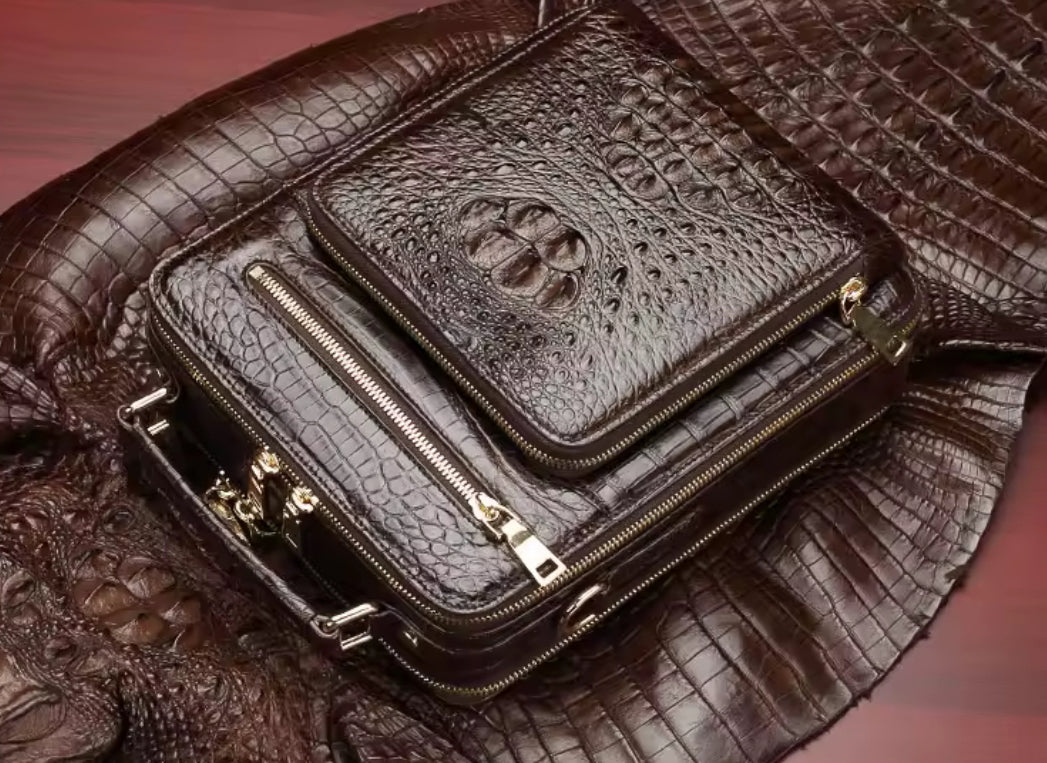 Crocodile Leather Travel Bag Black & Brown – Handmade in Italy | Noiyan