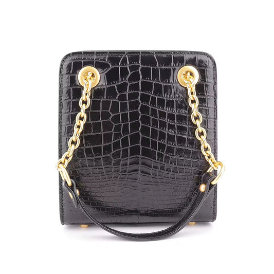 Black Crocodile Leather Purse with Golden Chain – Handmade in Italy | Noiyan